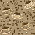 Seamless pattern with coffee beans and cups. Vector