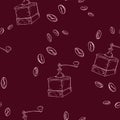 Seamless pattern with coffee beans and grinders. Hand drawn vector illustration. Royalty Free Stock Photo