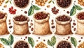 Seamless Pattern of Coffee Beans in Sacks and Leaves Royalty Free Stock Photo