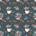 Seamless pattern with coffee branches, beans, portafilter and cup with splash