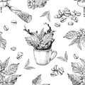 Seamless pattern with coffee branches, beans, portafilter and cup with splash