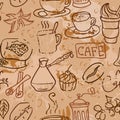 Seamless pattern with coffee cakes pies latte and