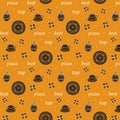 Seamless pattern with coffee cakes pizza basil inscriptions white outline bright orange background