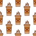 Seamless pattern with coffee cup cute kawaii characters on white background. Flat design Vector