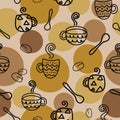 Seamless pattern with coffee cup doodles on brown circles