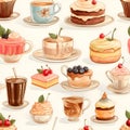 Seamless pattern with coffee cups, cakes, meringues and desserts