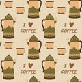 Seamless pattern, coffee cups, coffee pot with ornament and lettering, brown and beige colors. Textile, print Royalty Free Stock Photo