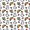 Seamless pattern with coffee cups, croissants, and beans on a white backdrop Royalty Free Stock Photo