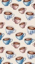 Seamless Pattern of Coffee Cups with Latte Art Royalty Free Stock Photo