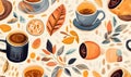 Seamless pattern with coffee cups and leaves. Vector illustration Royalty Free Stock Photo