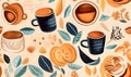 Seamless pattern with coffee cups and leaves. Vector illustration Royalty Free Stock Photo