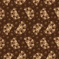 Seamless pattern of coffee cups, slices of lemons and coffee beans on a brown background .