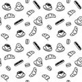 Seamless pattern with coffee cups and sweet cakes. Texture for wallpapers, stationery, fabric, wrap, web page backgrounds, vector Royalty Free Stock Photo