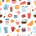 Seamless pattern with coffee items as coffee makers, cups, bakery, milk. Hand drawn vector background with modern