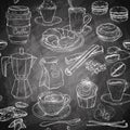 Seamless pattern with coffee party Collection, cakes and sweets icons. Hand drawn Chalkboard design.