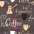 Seamless pattern with coffee pots, cups and text.