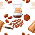 Seamless pattern coffee theme Drip Coffee Brewing with filter seeping and cezve vector illustration on white background