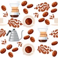 Seamless pattern coffee theme Drip Coffee Brewing with filter seeping and kettle vector illustration on white background