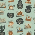 Seamless pattern on coffee theme with postmarks Royalty Free Stock Photo