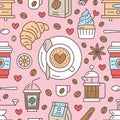 Seamless pattern of coffee, vector background. Cute beverages, hot drinks colored flat line icons - coffee maker machine