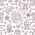 Seamless pattern of coffee, vector background. Cute beverages, hot drinks flat line icons - coffee maker machine, beans