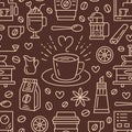 Seamless pattern of coffee, vector background. Cute beverages, hot drinks flat line icons - coffeemaker machine, beans