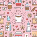 Seamless pattern of coffee, vector background. Cute beverages, hot drinks flat line icons - coffeemaker machine, beans