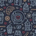 Seamless pattern of coffee, vector background. Cute beverages, hot drinks flat line icons - french press, beans, cup