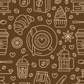 Seamless pattern of coffee, vector background. Cute beverages, hot drinks flat line icons - french press, beans, cup