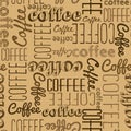 Seamless pattern of coffee words. Dark brown inscriptions on a l