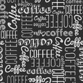 Seamless pattern of coffee words. White chalk on a black board.