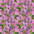 Seamless pattern. Colibri birds and flowers on pink background w Royalty Free Stock Photo