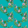Seamless pattern. Colibri and flowers on blue background. Hand d Royalty Free Stock Photo