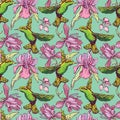 Seamless pattern. Colibri and flowers on green background. Hand Royalty Free Stock Photo