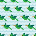 Seamless pattern with colibri on striped wave blue background. Royalty Free Stock Photo