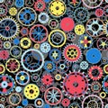 Seamless pattern with collection of gears. Colorful mechanical background.