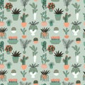 Seamless pattern with collection of hand drawn indoor house plants. Collection of potted plants. Flat vector illustration Royalty Free Stock Photo