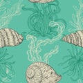 Seamless pattern with collection of sea shells, marine plants and seaweed. Royalty Free Stock Photo