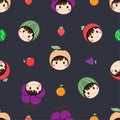 Seamless pattern with collection of woman is wearing a fruit hat on her head and set of fruit on dark background, vector