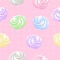 seamless pattern with color airy french cookies meringues twirls, marshmallow, zephyr. Vector in graphic vintage retro