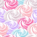 seamless pattern with color airy french meringues, marshmallow, zefir. sweetness, sweet cake, dessert. Vector in graphic