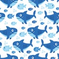 Seamless pattern on a color background with sea animals of the deep fish shark