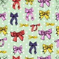 Seamless pattern of color bows. Hand drawn ink and colored sketch. Different bows on light green background