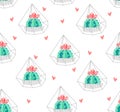 Seamless pattern with color cactus in terrarium and hearts on white background. Ornament for textile and wrapping. Vector