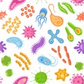 Seamless pattern with color cartoon bacteria, viruses and germs . Microorganism cells repeating background for textil design, Royalty Free Stock Photo