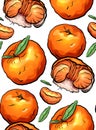 Seamless pattern of color cartoon illustrations of mandarin and citrus on white background. Vector texture Royalty Free Stock Photo