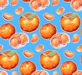 Seamless pattern of color cartoon illustrations of tangerine on blue background. Vector texture