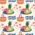 Seamless pattern color drawings of picnic elements