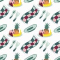 Seamless pattern color drawings of picnic elements