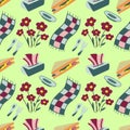 Seamless pattern color drawings of picnic elements